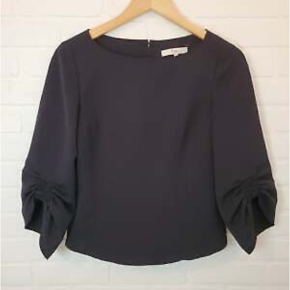 TIBI RUCHED SLEEVE TOP BLACK CREPE Full Back ZIP-BACK Rose Gold BLOUSE {$265} 4